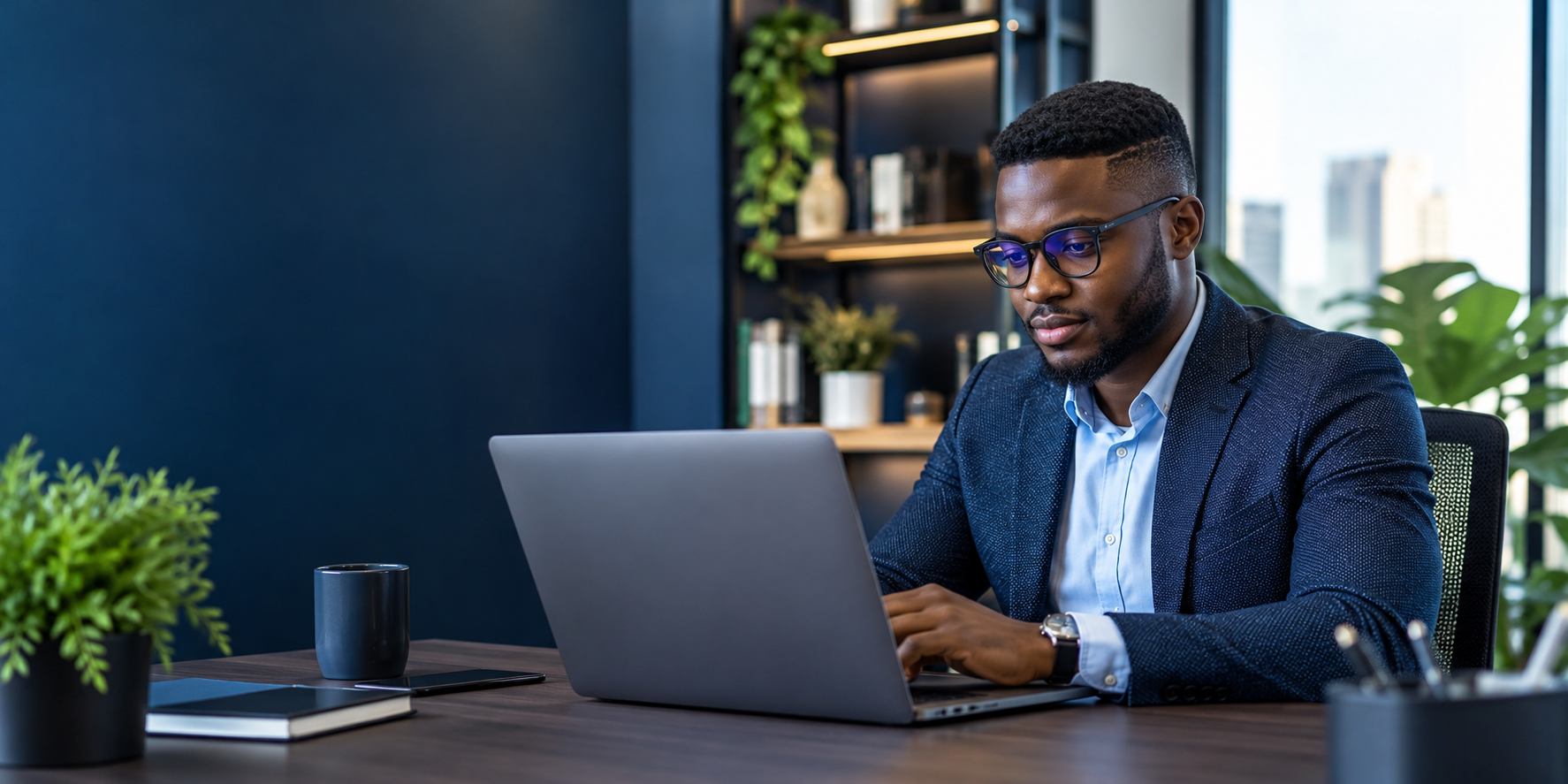 Technology consultant working on a laptop in a modern office